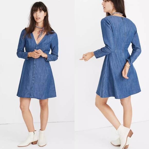 Madewell Denim Button Front Dress 00 Long Sleeve Blue Chambray Casual Country - Picture 1 of 6
